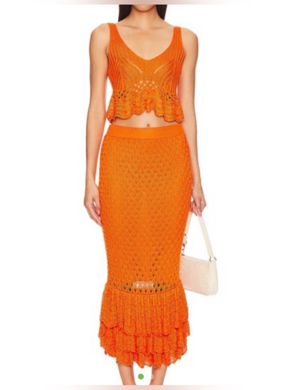 Beach Riot Polly Midi Skirt set in a vibrant orange crochet knit small